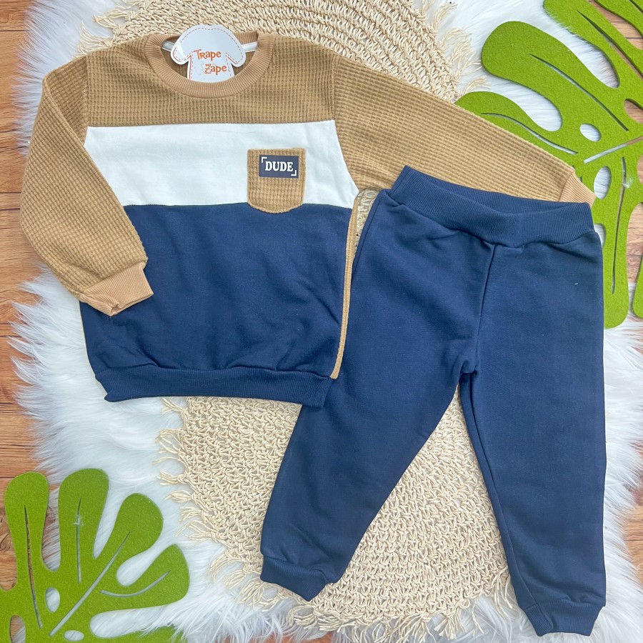 Conj. Casaco Dude com Bolsinho e Calça de Moletom - Marinho e Caramelo